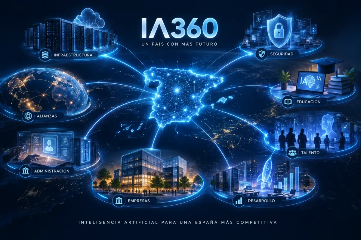 Ilustración conceptual de los ámbitos del Plan IA360 conectados sobre España